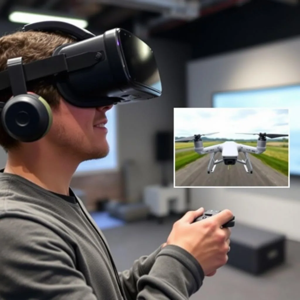 用户使用VR头显体验无人机模拟飞行 用户使用VR头显体验无人机模拟飞行
