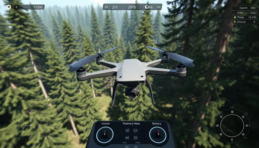 AI Drone Simulator界面展示，显示高度真实的飞行环境